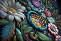 Colorful modern flowers embroidery over dark background.