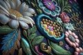 Colorful modern flowers embroidery over dark background. Macro shot photography. Generative AI illustration