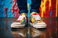 Colorful modern sneakers on feet, generated by AI