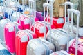 Colorful modern travel suitcases in a store