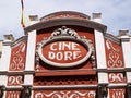 Colorful modernist style facade of Cine Dore, home of the national film library. Madrid