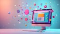 Colorful modules fly around computer screen displaying web page design. Modern design concept for website development. Creative Royalty Free Stock Photo