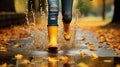 Colorful Moments Close-Up of Childs Legs and Yellow Boots in Rainy Day Play Royalty Free Stock Photo