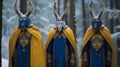 Colorful Monks In Yellow Horns: A Snowy Forest Encounter Royalty Free Stock Photo