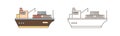 Colorful and monochrome icon set of cargo ships with crane and containers in line art style. Sea watercrafts carrying