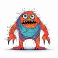 Colorful Monster With Big Eyes On White Background: Expressive Linework Art