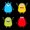 Colorful monster silhouette set. Cute cartoon scary character. Baby collection. Eyes, tongue, hands up. Black background. Isolated Royalty Free Stock Photo