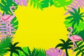 Colorful monstera, palm and flamingo leaves on yellow background