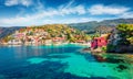 Colorful morning cityscape of Asos village on the west coast of the island of Cephalonia, Greece, Europe. Amazing spring sescape