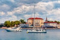 Colorful morning cityscape of popular summer resort Porec. Bright spring seascape of Adriatic Sea. Great scene of Istrian Peninsu