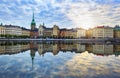 Colorful morning photo of a quiet side street in the Old Town section of Stockholm, Sweden