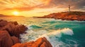 Colorful morning scene of Sardinia, Italy, Europe. Fantastic sunrise on Capo San Marco Lighthouse on Del Sinis peninsula. Royalty Free Stock Photo