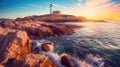 Colorful morning scene of Sardinia, Italy, Europe. Fantastic sunrise on Capo San Marco Lighthouse on Del Sinis peninsula. Royalty Free Stock Photo