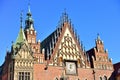 Colorful morning scene on Wroclaw Market Square with Town Hall. Royalty Free Stock Photo