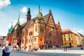 Colorful morning scene on Wroclaw Market Square with Town Hall Royalty Free Stock Photo