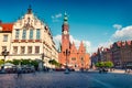 Colorful morning scene on Wroclaw Market Square with Town Hall. Royalty Free Stock Photo