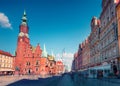 Colorful morning scene on Wroclaw Market Square with Town Hall Royalty Free Stock Photo