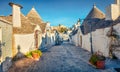 Colorful morning view of strret with trullo trulli - traditional Apulian dry stone hut with a conical roof. Nice spring citysca