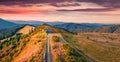 Colorful morning view of tourist shelter. Astonishing autumn sunrise in Carpathian mountains, Ukraine, Royalty Free Stock Photo