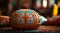 A colorful Moroccan leather decorative ottoman ball, AI Royalty Free Stock Photo