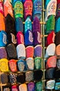 Colorful Moroccan oriental shoes aligned in a shop at medina of Fez, Morroco Royalty Free Stock Photo