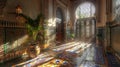 Colorful moroccan riad interior with zellige tilework and sunlight, architectural mosaic photography