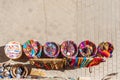 Colorful Moroccan scarves for sale on the market, Essaouira, Morocco. Top view Royalty Free Stock Photo