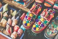 Colorful Moroccan shoes alignment in a shop. Oriental shoes in a Royalty Free Stock Photo