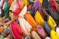 Colorful Moroccan shoes alignment in a shop. Oriental shoes in a Royalty Free Stock Photo