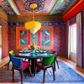 A colorful, Moroccan-style dining room with intricately patterned mosaic tiles, colorful textiles, and decorative lanterns5, Gen