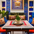 A colorful, Moroccan-style dining room with intricately patterned mosaic tiles, colorful textiles, and decorative lanterns3, Gen