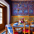 A colorful, Moroccan-style dining room with intricately patterned mosaic tiles, colorful textiles, and decorative lanterns4, Gen