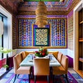 A colorful, Moroccan-style dining room with intricately patterned mosaic tiles, colorful textiles, and decorative lanterns2, Gen