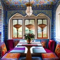 A colorful, Moroccan-style dining room with intricately patterned mosaic tiles, colorful textiles, and decorative lanterns1, Gen