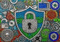 Colorful mosaic artwork featuring a central shield with a silver lock icon, representing security. Royalty Free Stock Photo