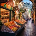 Colorful Mosaic of a Bustling Market Street in Seville, Spain Royalty Free Stock Photo