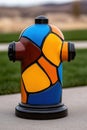 Colorful mosaic fire hydrant on sidewalk with green grass background Royalty Free Stock Photo