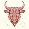 Colorful mosaic head ox. Symbol of 2021 New Year isolated on white. Patterned face of bull. Decoration for printing on fabric.