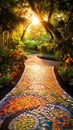 A colorful mosaic path leads to the sun, AI