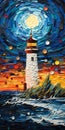 Colorful Mosaic Pop Art Painting: Lighthouse At Dusk