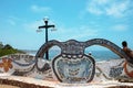 The colorful, mosaic-shaped benches with love sayings in the lovers` park in Lima,