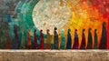 Colorful mosaic wall with silhouetted figures Royalty Free Stock Photo