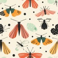 Colorful Moths and Beetles Pattern on Polka Dot Background