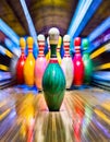 Colorful motion blur ten pin bowling.