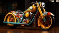 A colorful motorcycle on a wood floor