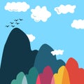 Colorful mountain and clouds landscape. birds flying in mountains. vector flat illustration. Royalty Free Stock Photo