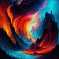 A colorful mountain landscape, colorful sky, a lava flowing into a mountain