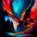 A colorful mountain landscape, colorful sky, a lava flowing into a mountain