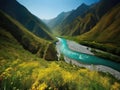 Colorful mountain landscape with winding river