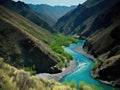 Colorful mountain landscape with winding river